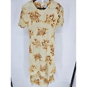 Vintage 1990s Trendy Looks Womens L Short Sleeve Midi Dress Yellow Rose Floral